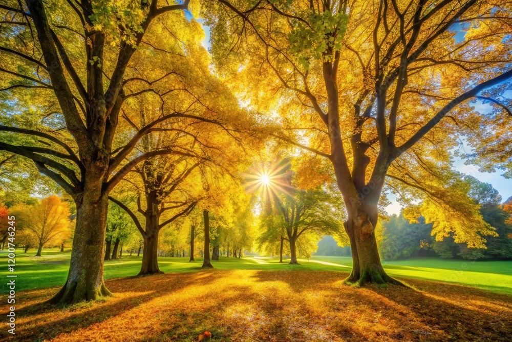 Fototapeta premium Panoramic park showcases breathtaking autumn foliage.