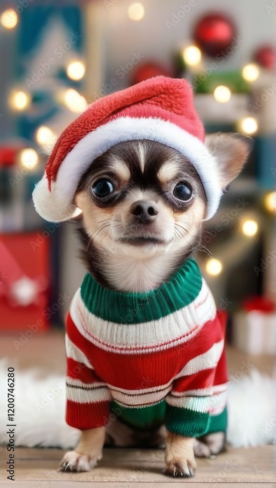 Festive Chihuahua in Santa Hat and Sweater Sitting on Wooden Floor with Christmas Decor in Background Festive Chihuahua in Santa Hat and Sweater Sitting on Wooden Floor with Christmas Decor in Background