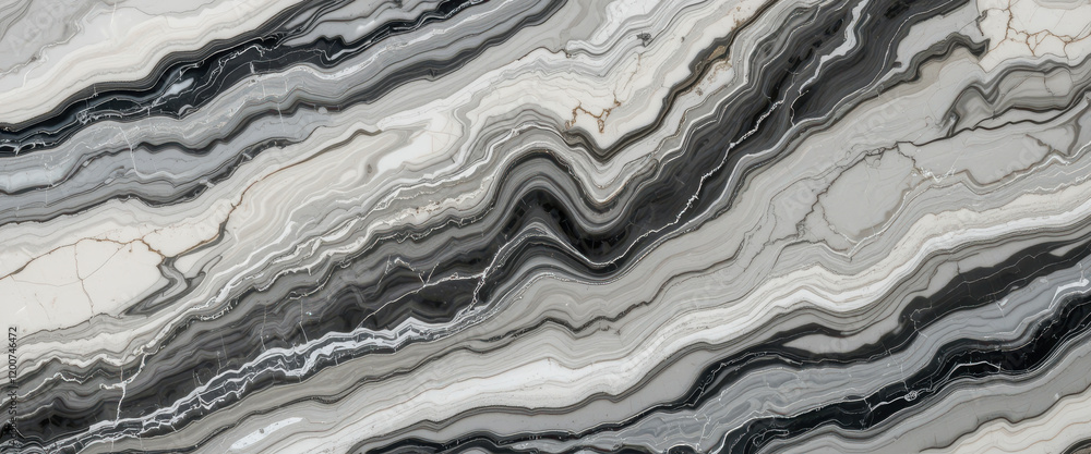 Fototapeta premium Abstract black and white marble texture with wavy patterns.