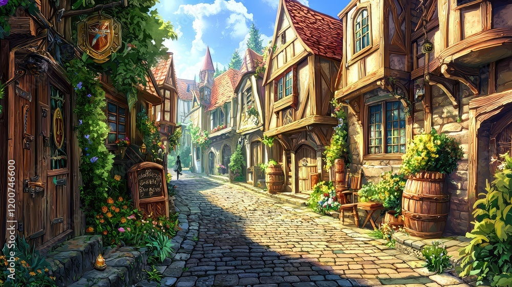 Fototapeta premium Vivid medieval street with timber-framed houses, cobblestone pathway, vibrant flowers, and rustic barrels under a sunny sky. Ideal for fantasy projects, storytelling, and game designs