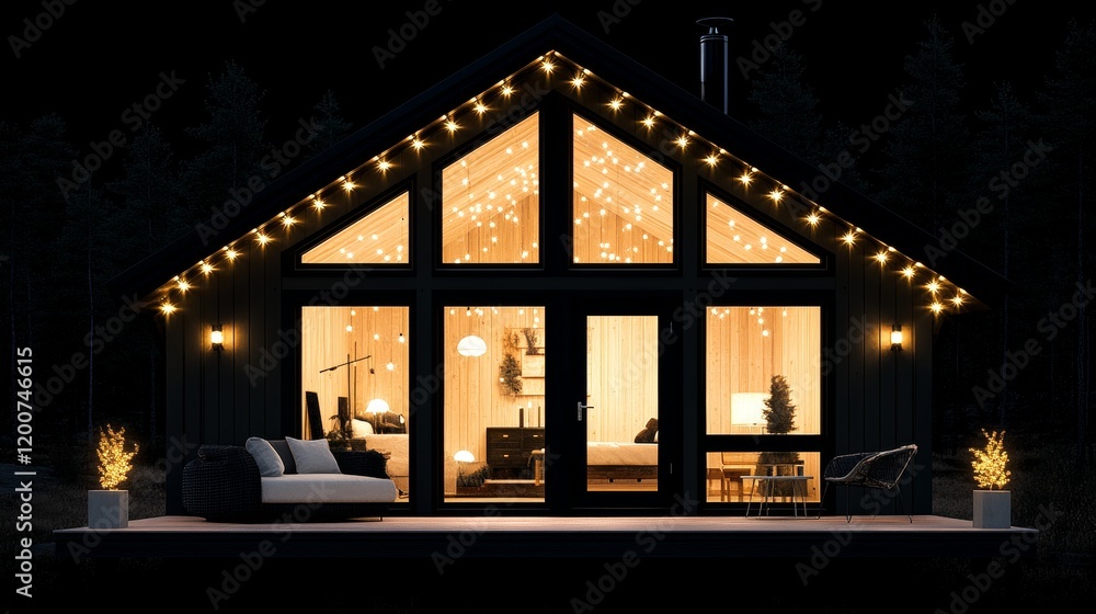 Fototapeta premium Cozy Cabin Night Lights Festive Winter Retreat