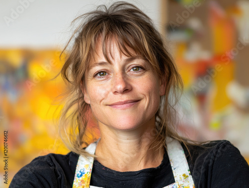 Empowered female artist smiling in her studio, surrounded by vibrant art photo