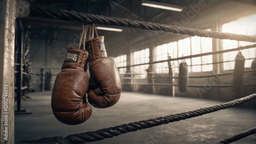 Brown leather boxing gloves hanging in dimly lit boxing ring interior with worn appearance and industrial ambiance.