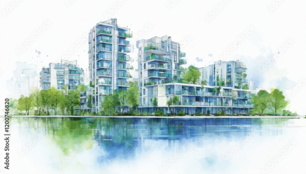 Fototapeta premium Modern Waterfront Apartment Complex in Watercolor Style