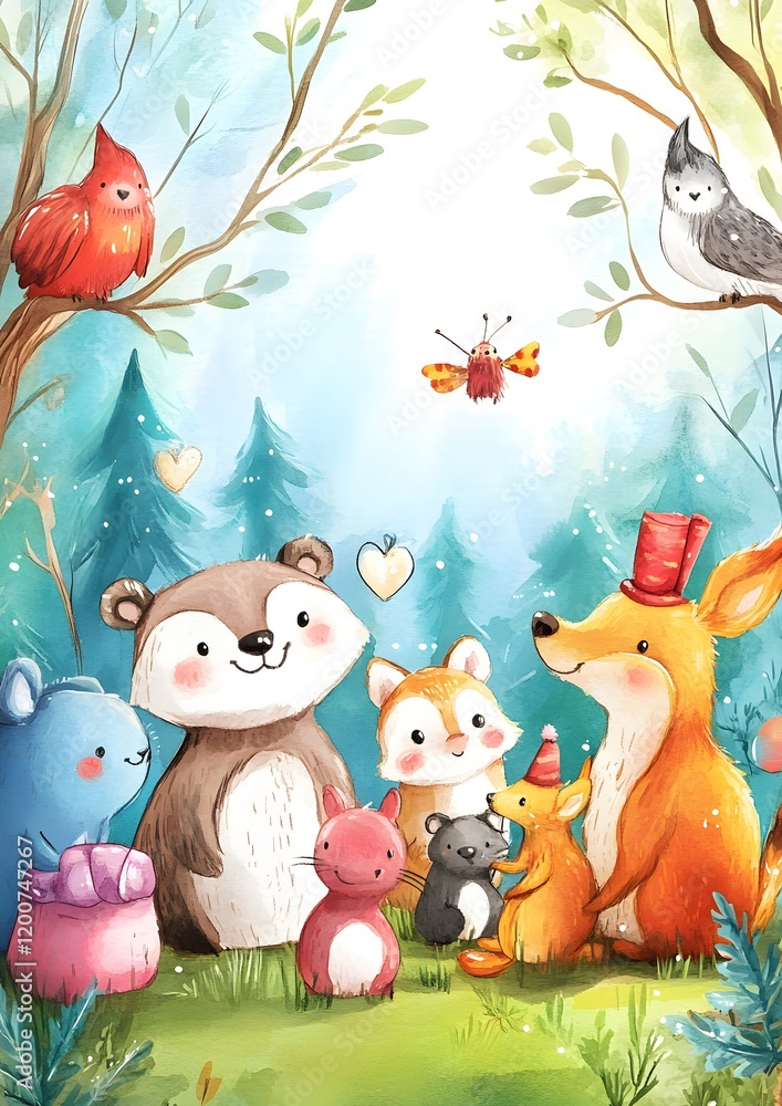 Naklejka premium A whimsical illustration of friendly forest animals gathered in a cheerful setting.