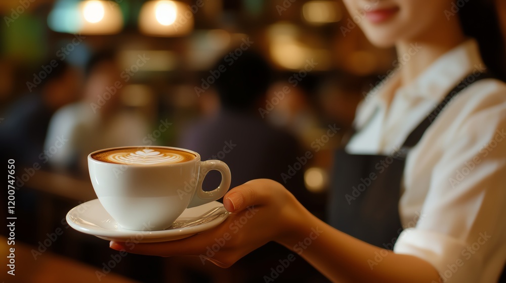 Barista serving a cup of coffee in a cafe. Barista serving a cup of coffee in a cafe.