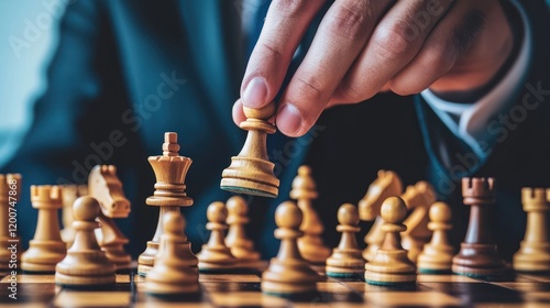 Close-up of hand moving chess piece.