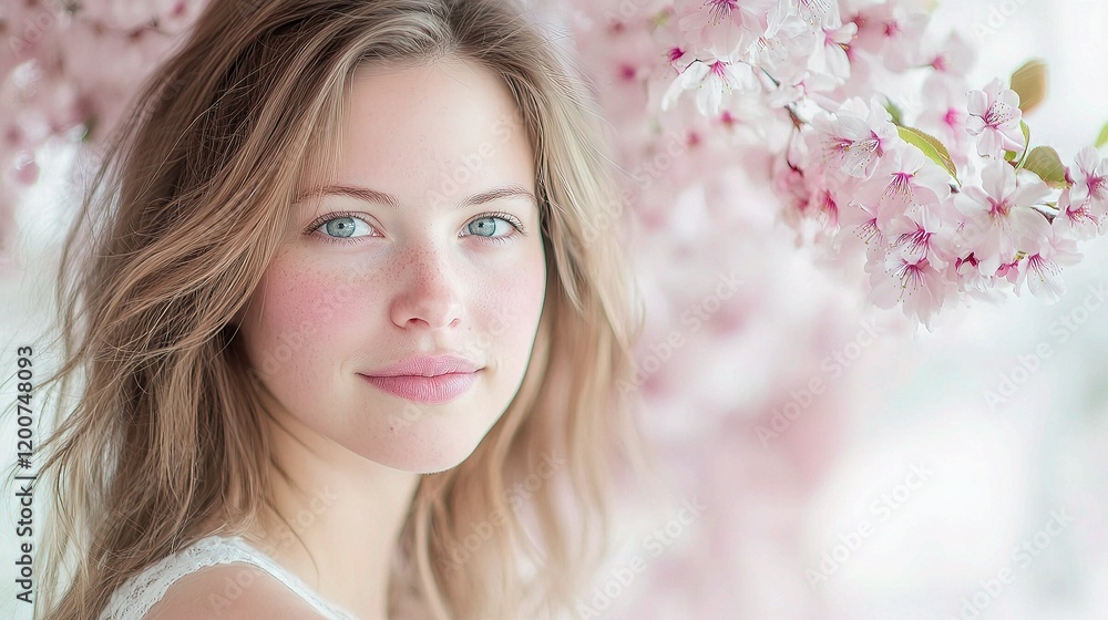 Beneath the Blossom: A young woman with fair skin and blonde hair gazes softly at the camera, framed by a delicate pink cherry blossom branch. Beneath the Blossom: A young woman with fair skin and blonde hair gazes softly at the camera, framed by a delicate pink cherry blossom branch.