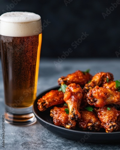 Craft beer and buffalo wings food pairing concept. Crispy chicken wings served with a cold beer on a textured background photo