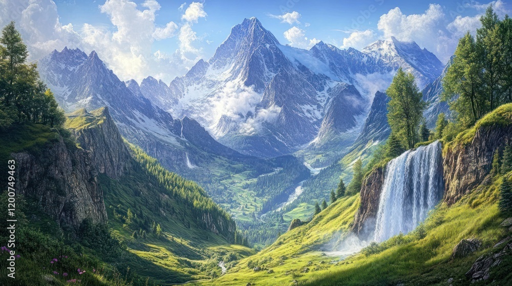 Fototapeta premium Majestic mountain range with waterfall and lush valley.