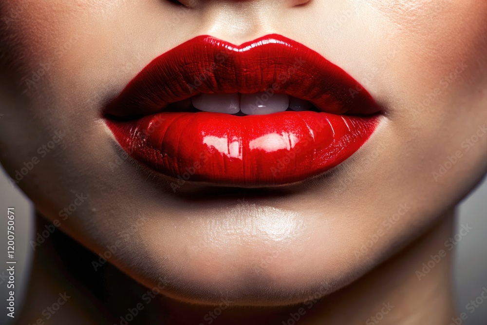 Obraz premium Sensual, stunning red lips. Close-up beauty shot showcasing flawless red lipstick and lip gloss.