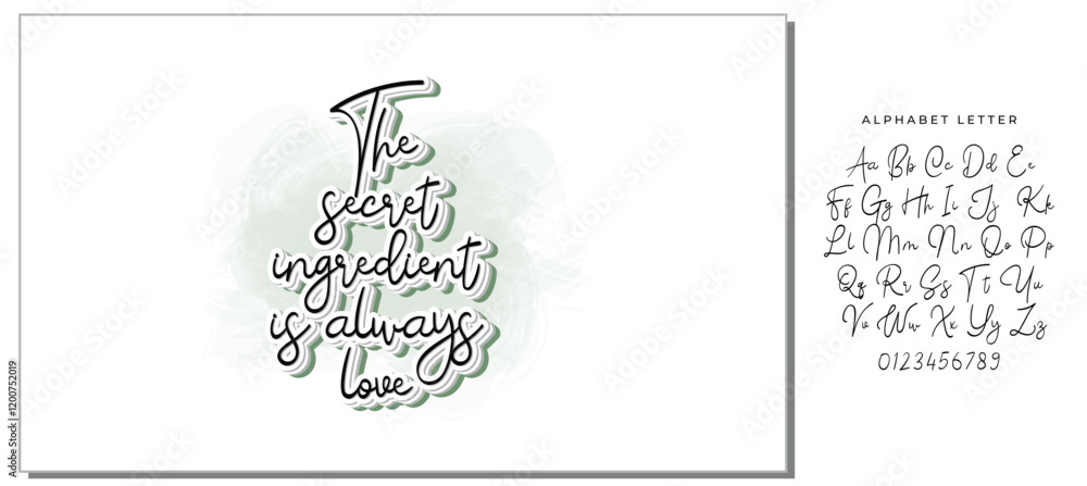 The secret ingredient is always love. Hand drawn illustrated lettering quote about food preparation. Cooking slogans handwritten black lettering. The secret ingredient is always love. Hand drawn illustrated lettering quote about food preparation. Cooking slogans handwritten black lettering.