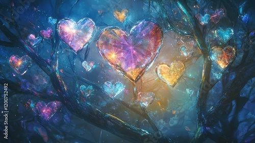 Colorful Heart Shapes Hanging from Branches in Mystical Forest