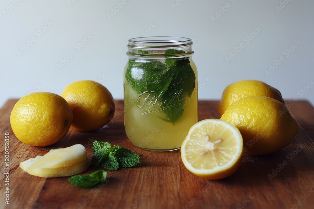 Refreshing lemonade mason jar drink, mint, lemons, wooden background, summer recipe Refreshing lemonade mason jar drink, mint, lemons, wooden background, summer recipe