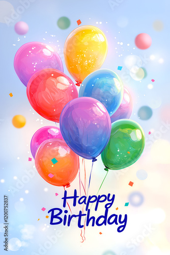 Birthday greeting card with colorful balloons and the inscription Happy Birthday.