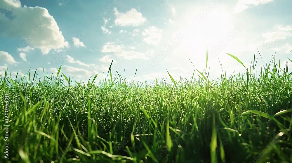 Fototapeta premium Lush Green Grass Field Under Bright Sunny Sky in Springtime