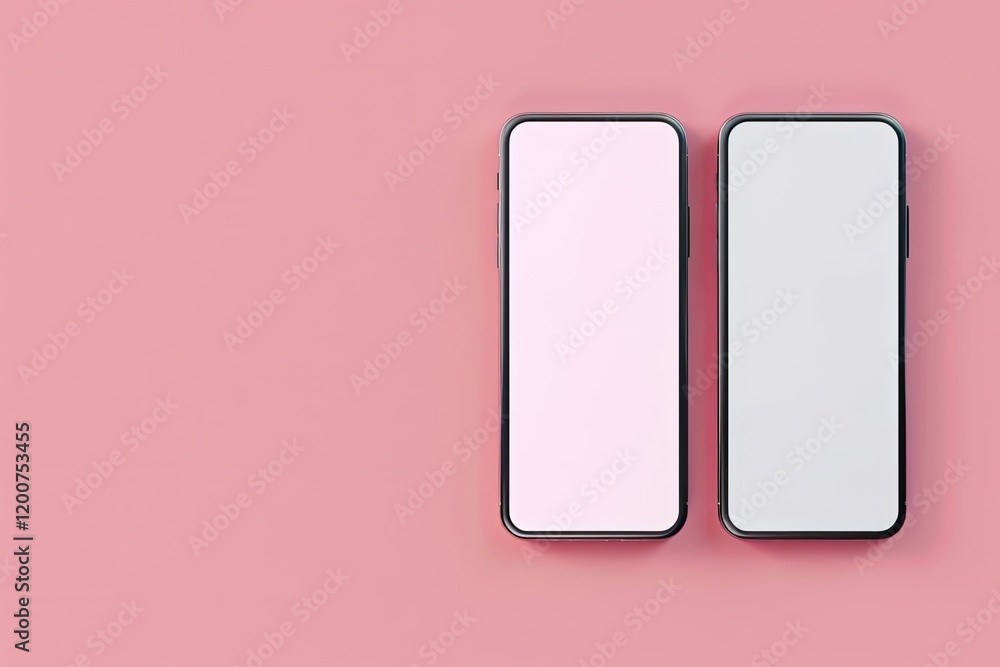 Flawless Picture of Two Smartphone with Mockup Screen Isolated on Pink Background Flawless Picture of Two Smartphone with Mockup Screen Isolated on Pink Background