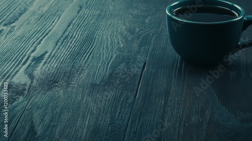 Dark Coffee in Teal Mug on Rustic Wood Table photo