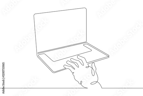 Laptop computer, human hands brush typing text on the keyboard. Working at the computer.One continuous drawing line, logo single hand drawn art doodle isolated minimal illustration.