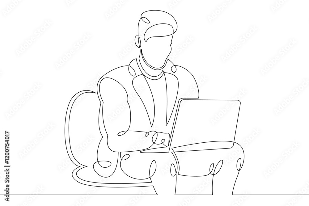 Young man sits working at a laptop computer. Designer manager works on the Internet. One continuous drawing line, logo single hand drawn art doodle isolated minimal illustration. Young man sits working at a laptop computer. Designer manager works on the Internet. One continuous drawing line, logo single hand drawn art doodle isolated minimal illustration.