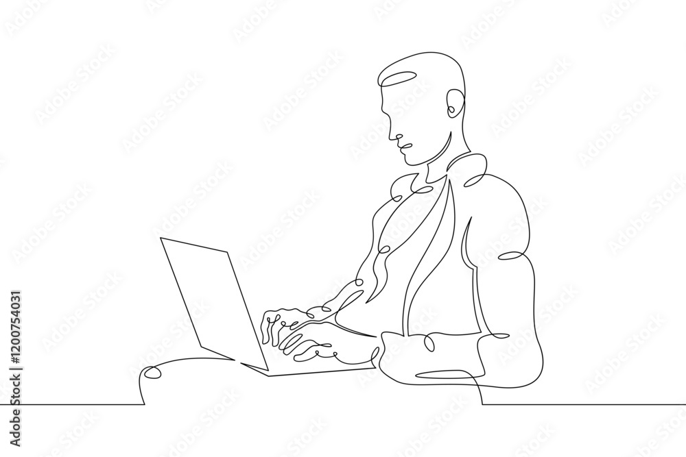 Young man sits working at a laptop computer. Designer manager works on the Internet. One continuous drawing line, logo single hand drawn art doodle isolated minimal illustration. Young man sits working at a laptop computer. Designer manager works on the Internet. One continuous drawing line, logo single hand drawn art doodle isolated minimal illustration.