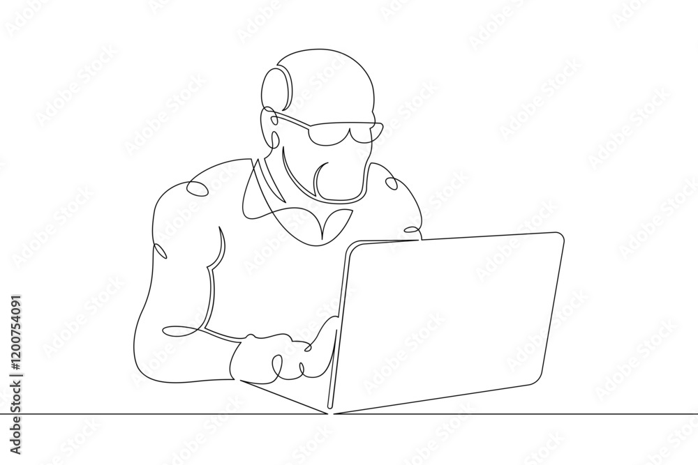 Old man old pensioner sitting working at a laptop computer on the Internet. One continuous drawing line, logo single hand drawn art doodle isolated minimal illustration. Old man old pensioner sitting working at a laptop computer on the Internet. One continuous drawing line, logo single hand drawn art doodle isolated minimal illustration.