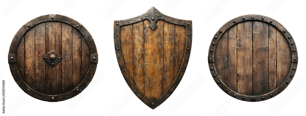 Fototapeta premium Three Varieties of Wooden Shields Isolated on Transparent Background