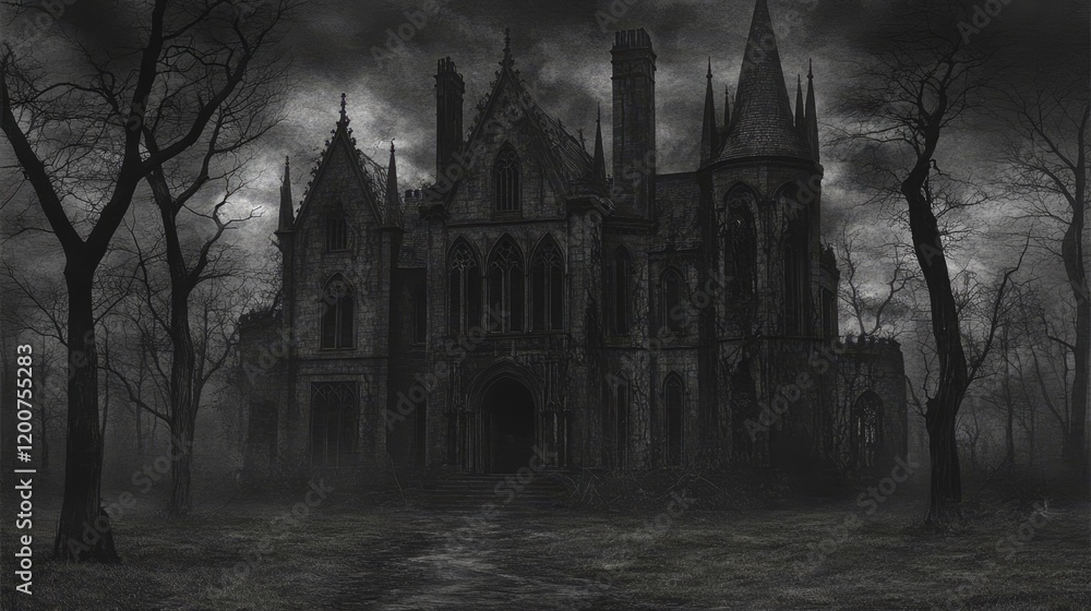 Obraz premium Dark Gothic Mansion in a Foggy Forest at Night