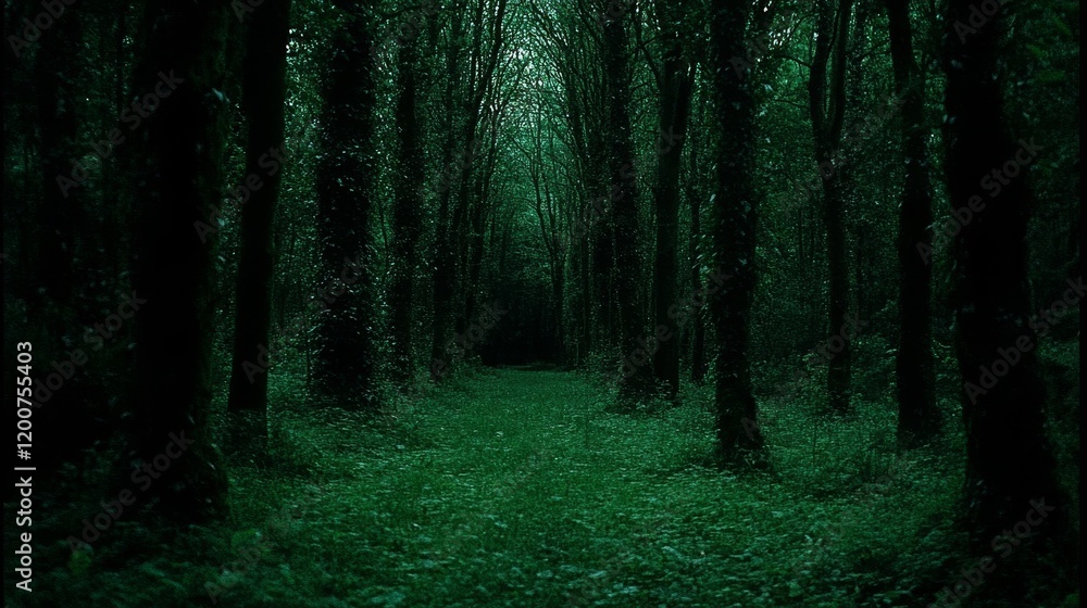 Fototapeta premium Dark Green Forest Path Mysterious Woodland Scene