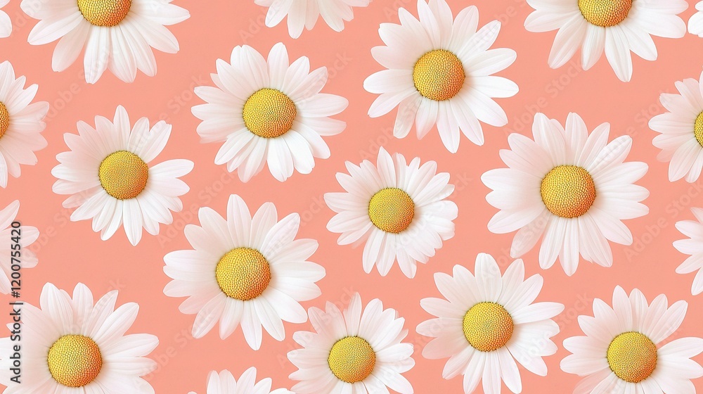 Obraz premium Blooming Daisy Pattern: A whimsical and delicate pattern featuring white daisies with yellow centers, arranged in a repeating design against a soft, coral background. Perfect for crafting, textiles.