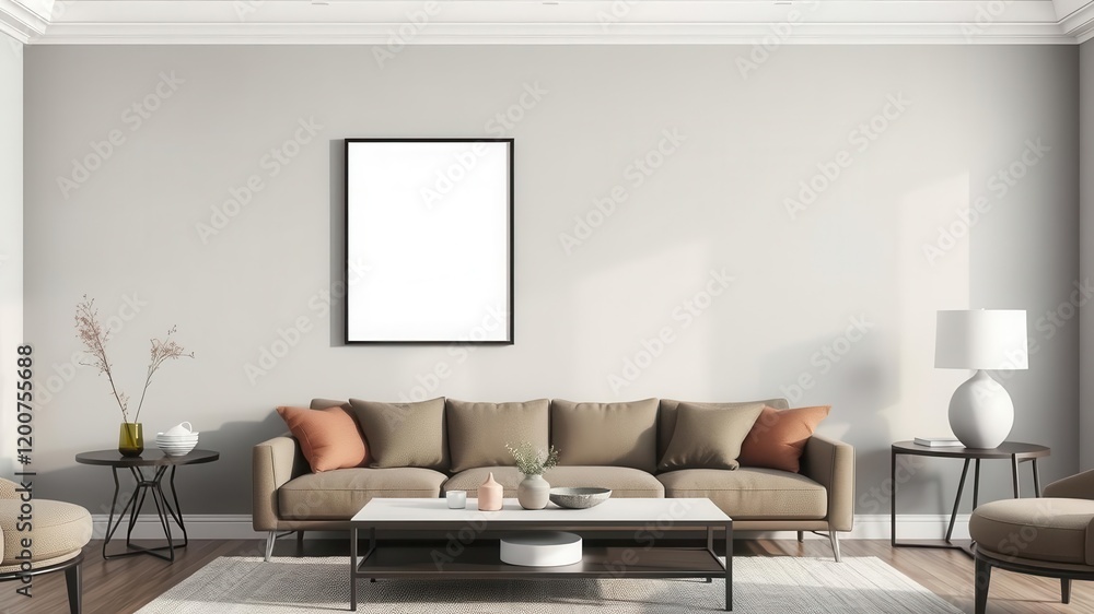 A stylish wall art mockup featuring a modern black frame hanging in a contemporary living room setting, decor, decoration, design A stylish wall art mockup featuring a modern black frame hanging in a contemporary living room setting, decor, decoration, design