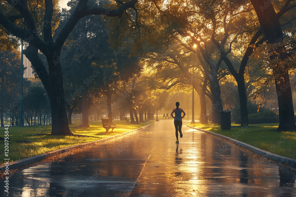 A runner is running down a path in a park A runner is running down a path in a park