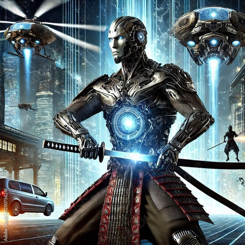 528 Cybernetic Samurai A samurai warrior clad in a metallic armo