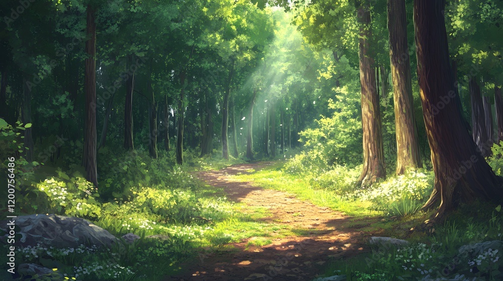 Obraz premium Sunlit Path Through Lush Green Forest