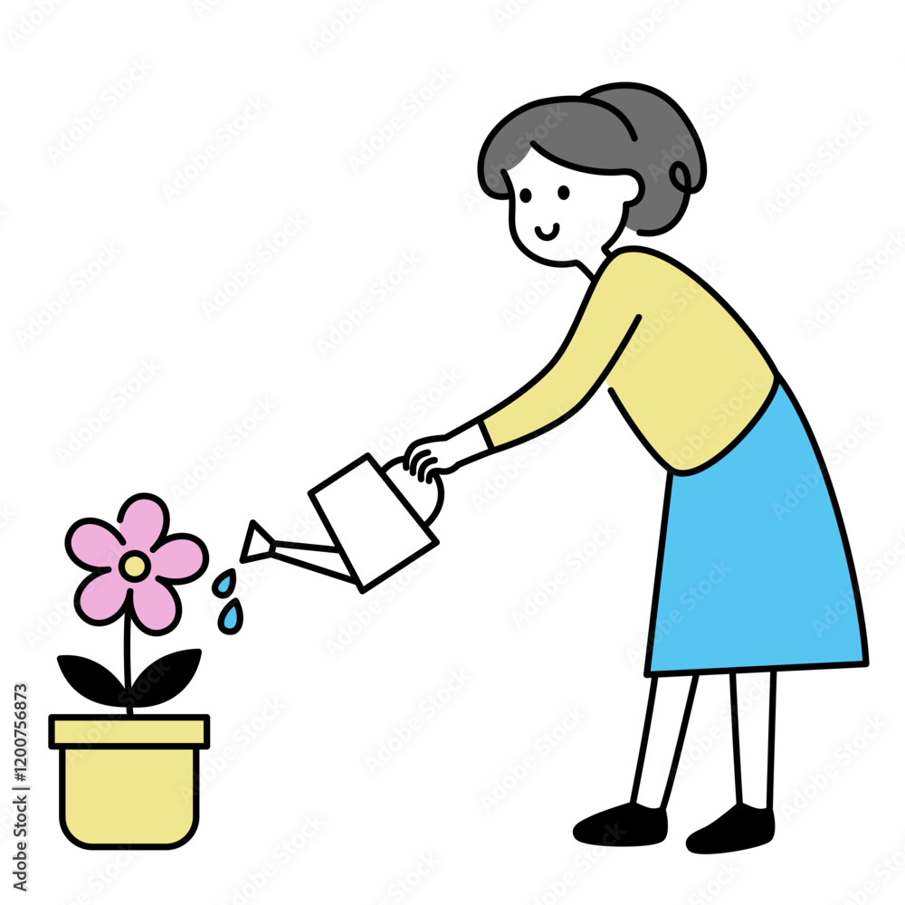 Woman watering a potted flower with watering can