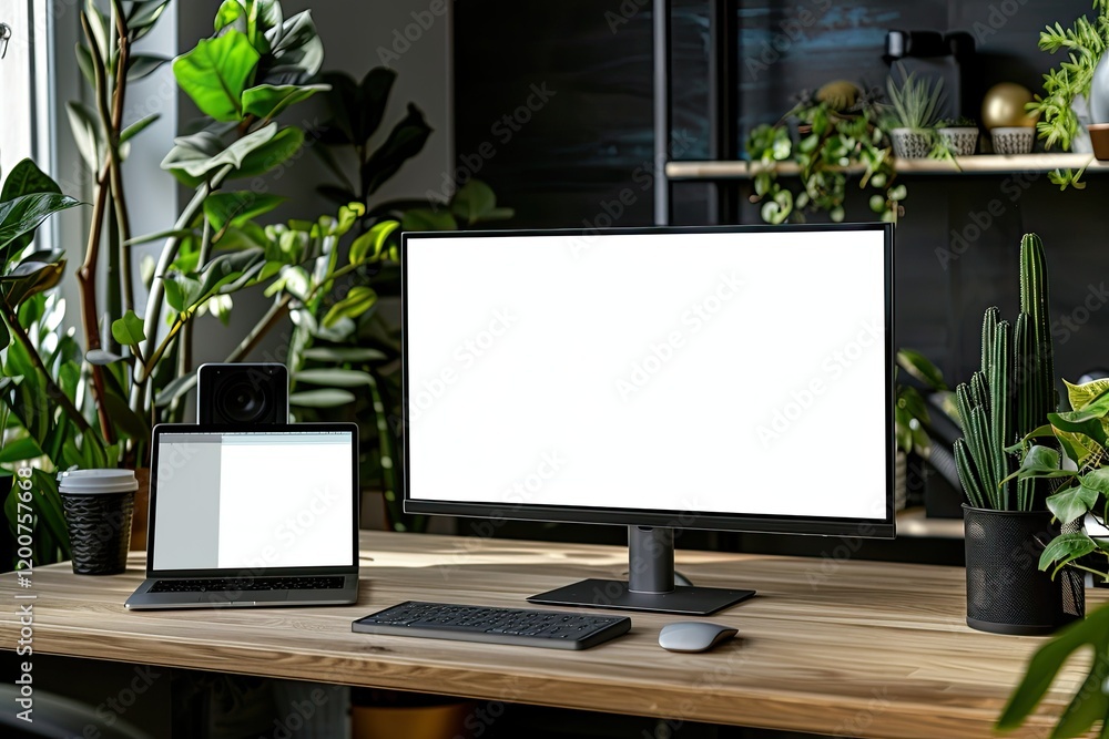 High Quality Image of Laptop and External Monitor on Desk High Quality Image of Laptop and External Monitor on Desk
