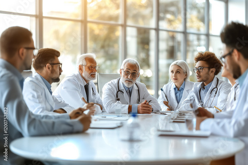 A group of doctors are sitting around a table in a conference room