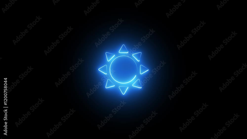 Neon glowing cyan color light sun icon on black background animation Neon glowing cyan color light sun icon on black background animation