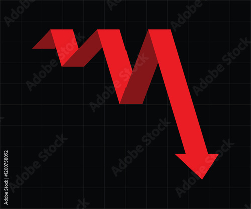 red business arrow graph going down with black background and grid represents trading loss business decline economic recession and financial deficit