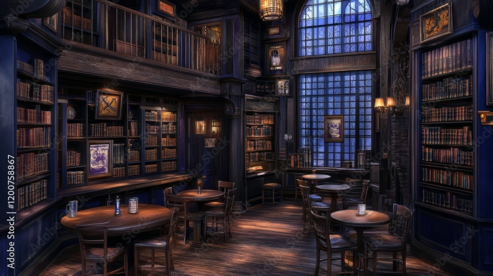 Dark Wooden Library Interior with Cozy Pub Setting Dark Wooden Library Interior with Cozy Pub Setting