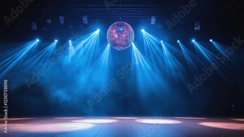 A vibrant dancefloor illuminated by a sparkling disco ball and blue spotlights, creating a lively party atmosphere, 4k video footage
