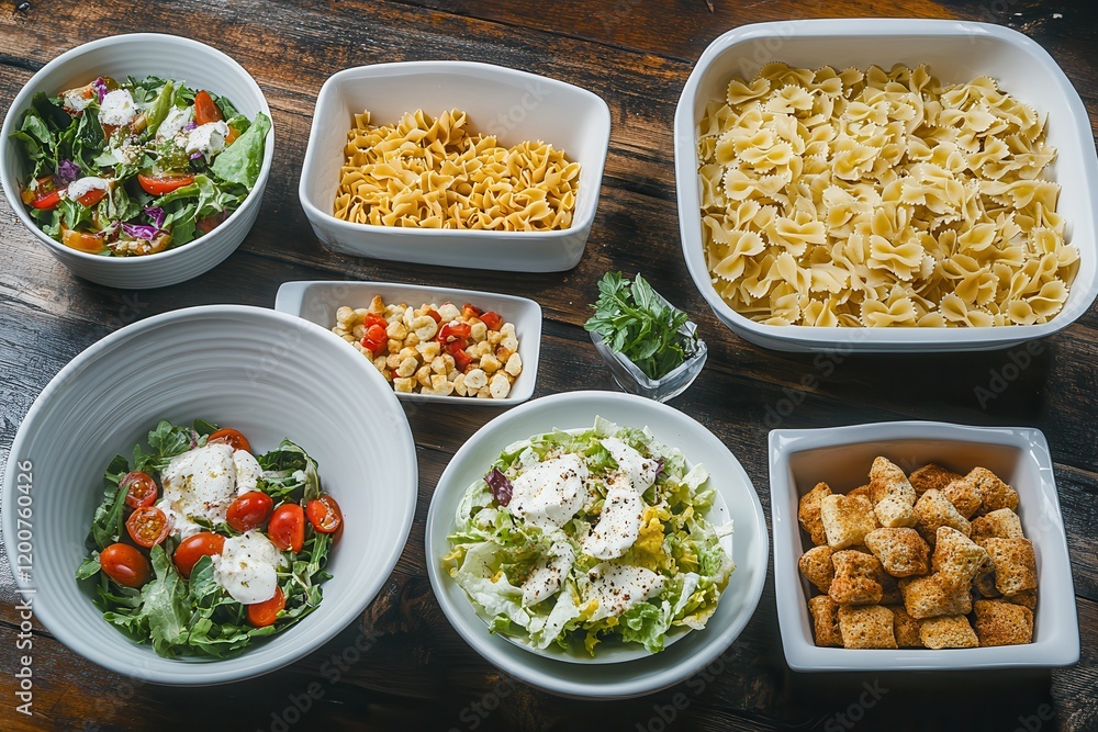 Rustic wooden table, overhead pasta salad prep Rustic wooden table, overhead pasta salad prep