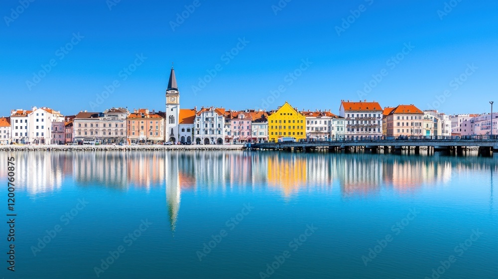 Fototapeta premium Colorful waterfront town reflecting in calm water