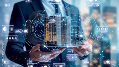 Smart real estate concept, businessman holding a futuristic building surrounded by augmented reality analytics