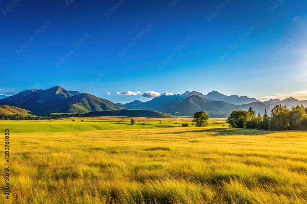Fototapeta premium Vast grassland sweeps to towering mountains, a breathtaking high-resolution panorama under a flawless blue sky.
