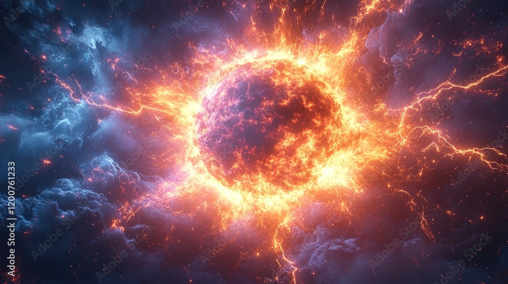 Obraz premium Fiery cosmic sphere explodes, incandescent energy.