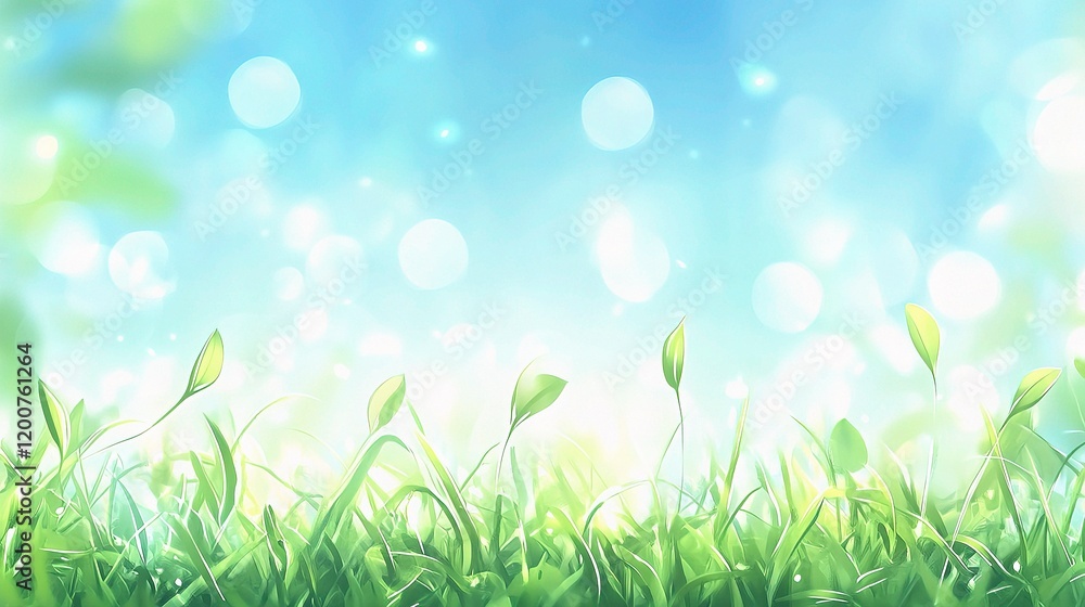 Obraz premium Spring's Tender Embrace: A captivating abstract backdrop of vibrant green grass shoots emerging from the earth, bathed in soft, ethereal sunlight with blurred bokeh, evoking a sense of new beginnings.
