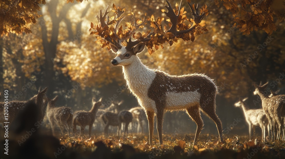 Obraz premium Majestic deer with autumn leaves antlers, standing in a forest with herd.