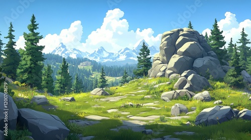 Wallpaper Mural Serene Mountain Vista Sunlit Meadow with Evergreens and Rocky Outcrop Torontodigital.ca