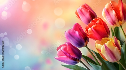 A vibrant bouquet of tulips against a colorful, soft-focus background.